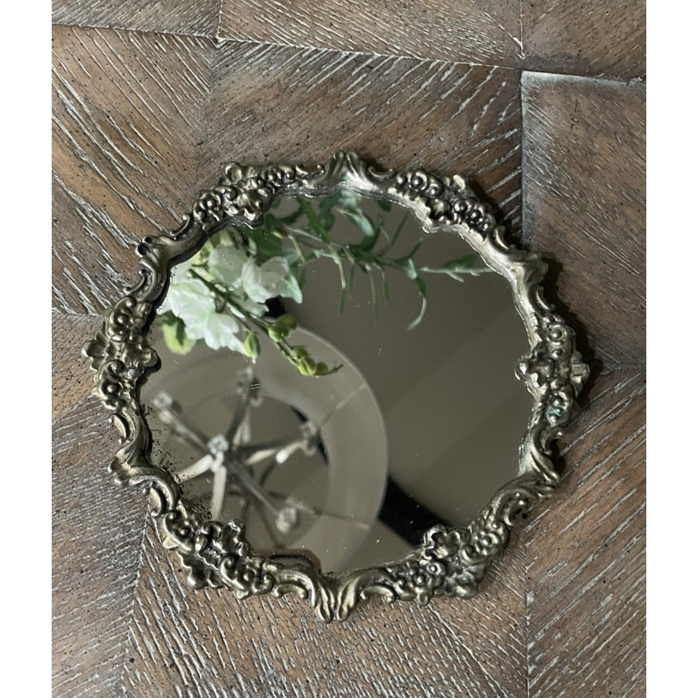 Vtg Ornate Round Silver Metal Sm Vanity or Decorative Mirror 7"